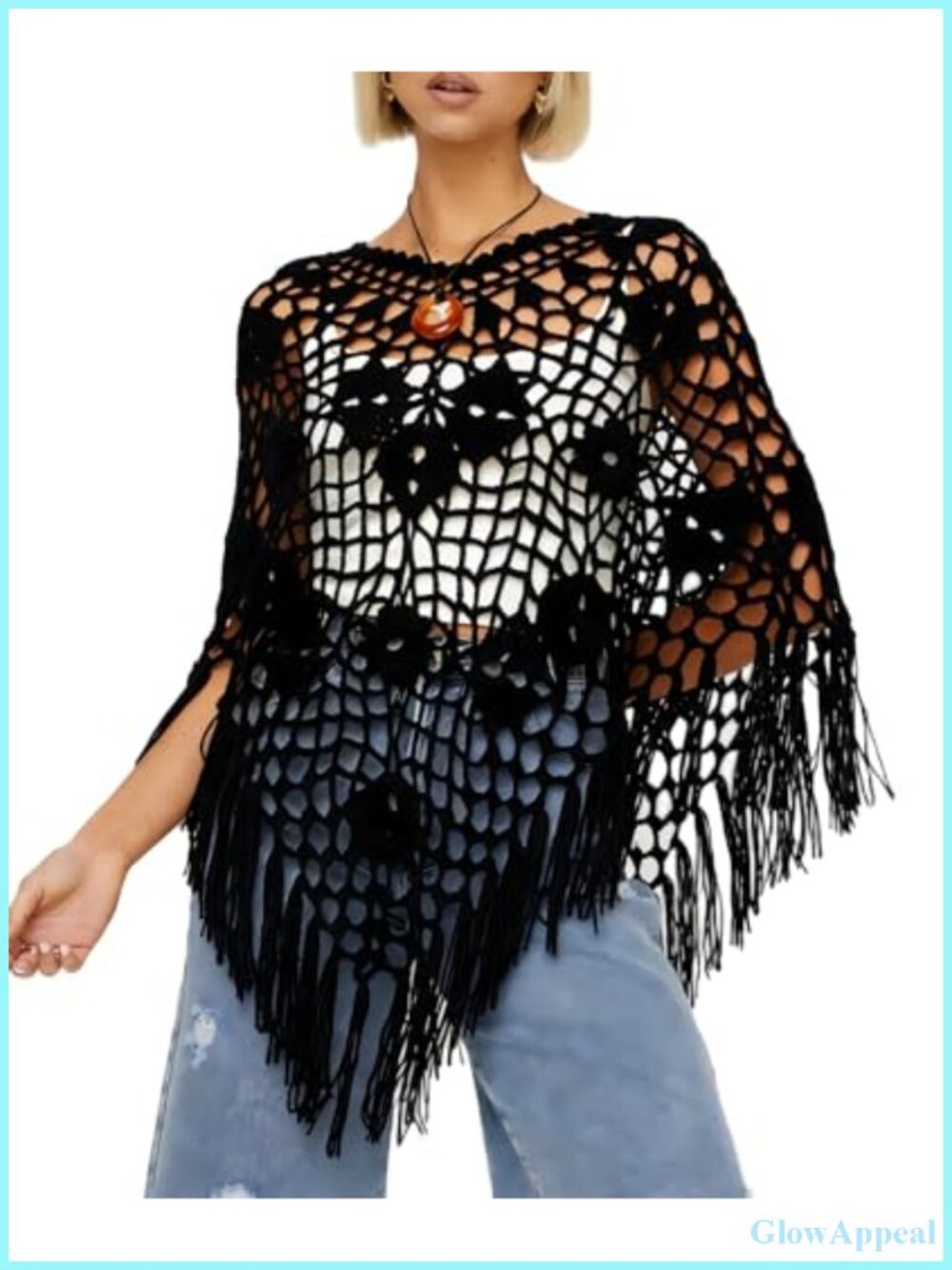 Women Boho Fringe Poncho Crochet Hollow Out Knit Shrug See Through Beach Cover